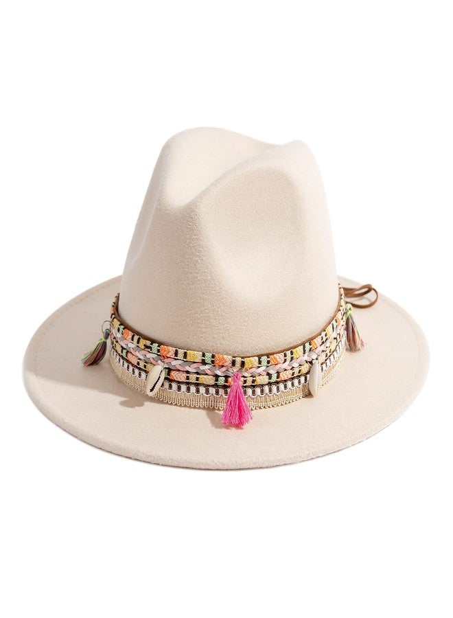 Gossifan Women's Felt Fedora Hat Wide Brim Panama Hats with Tassel-Beige - Image 1